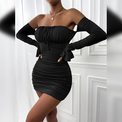 Tie Pleated Off-Shoulder Dress