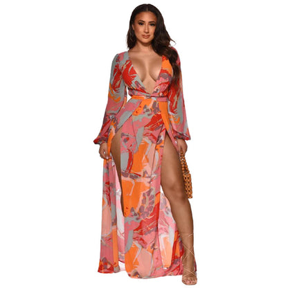 Elegant Printed Long-Sleeve Maxi Dress