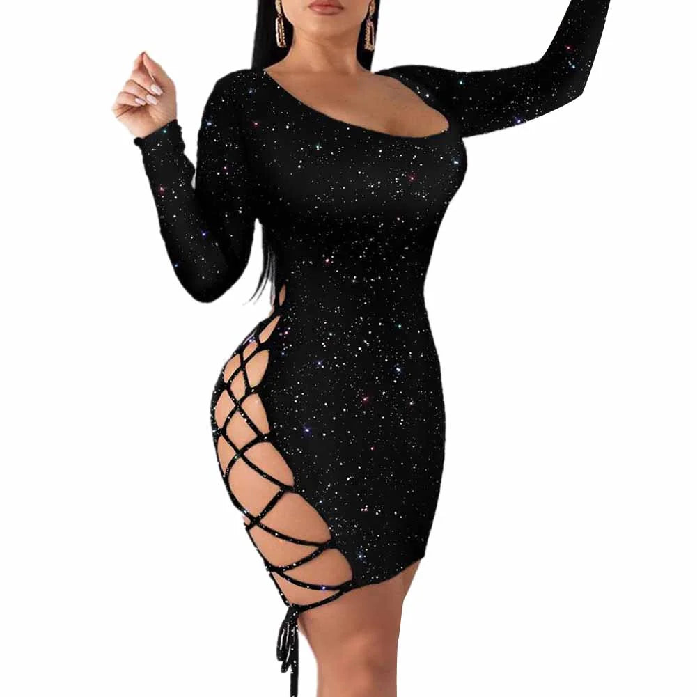 Spring Hollow Out Shiny Flash Party Dress Women Sexy Side Tie-Up Bandage Bodycon Dress Streetwear Chic Long Sleeve Mini Dresses