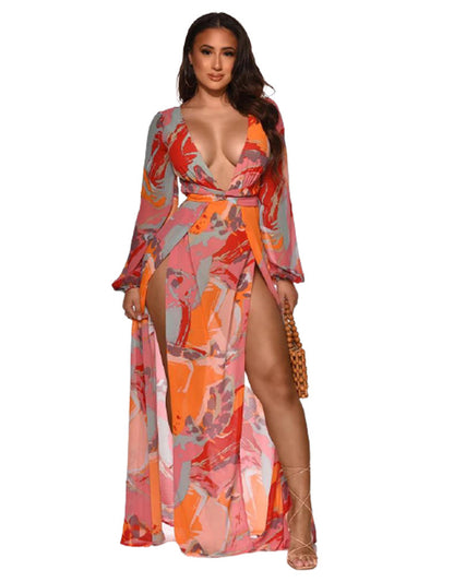 Elegant Printed Long-Sleeve Maxi Dress