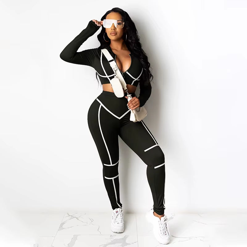 2024 Spring New Fashion Women'S round Neck Zipper Tight Sexy Line Long-Sleeved Sports Two Suits 2 Piece Sets Womens Outfits