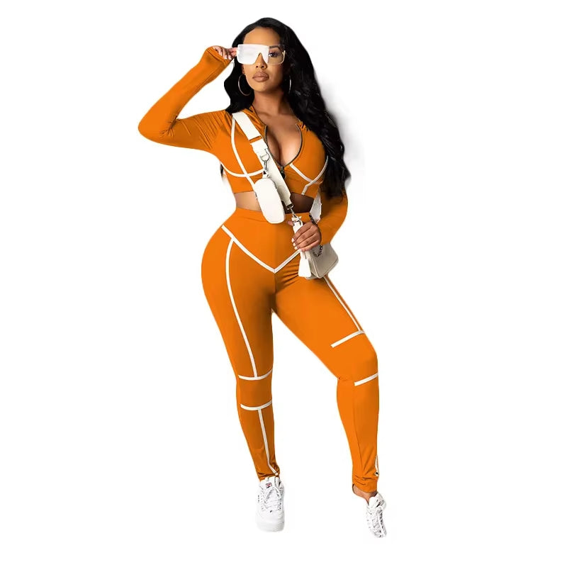 2024 Spring New Fashion Women'S round Neck Zipper Tight Sexy Line Long-Sleeved Sports Two Suits 2 Piece Sets Womens Outfits