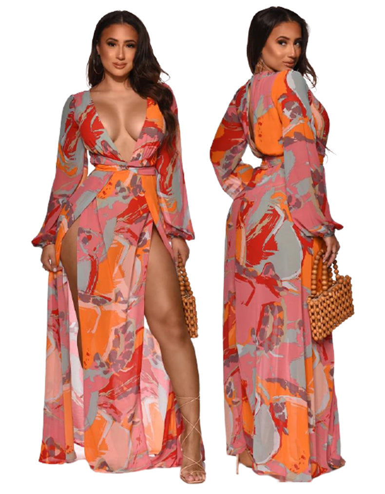 Elegant Printed Long-Sleeve Maxi Dress