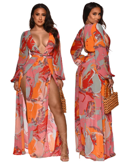 Elegant Printed Long-Sleeve Maxi Dress