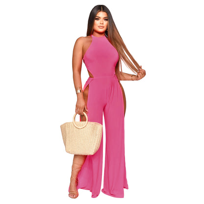 Lace-Up Back Split-Leg Jumpsuit