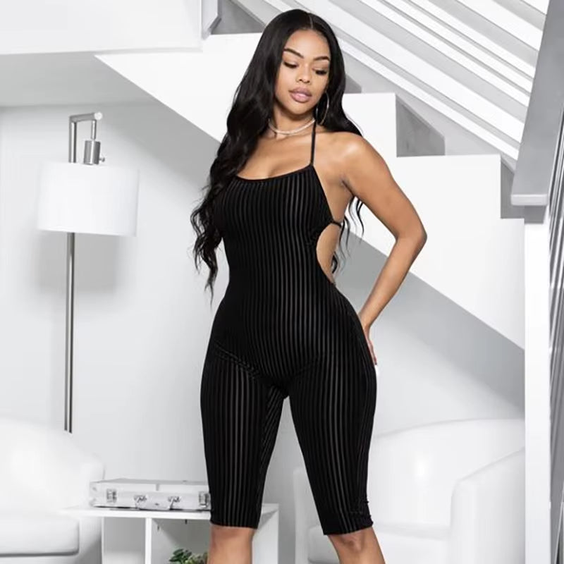 Rompers Womens Jumpsuit 2024 Summer New Sleeveless Lace-Up Halter Neck Skinny Fitness Playsuits Solid Color One-Pieces