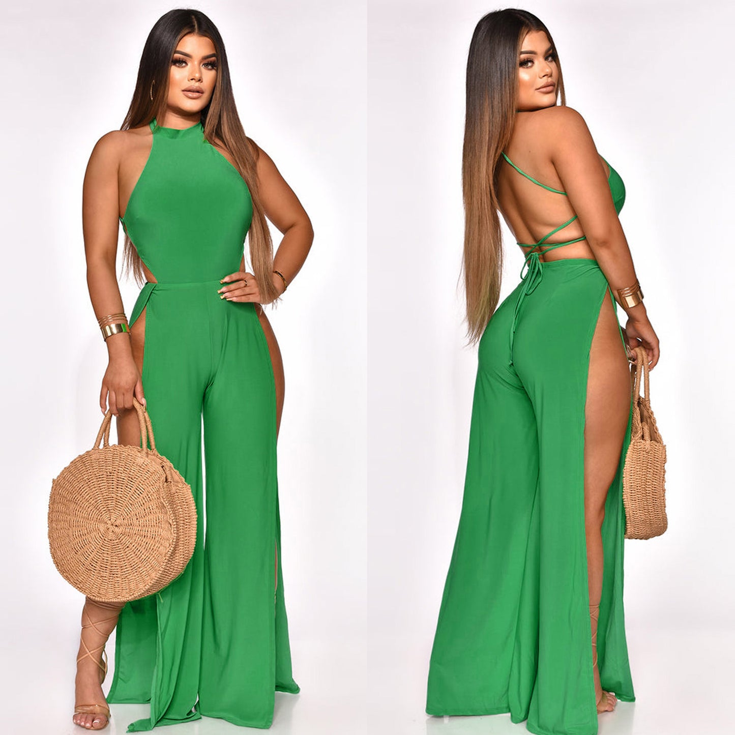 Lace-Up Back Split-Leg Jumpsuit