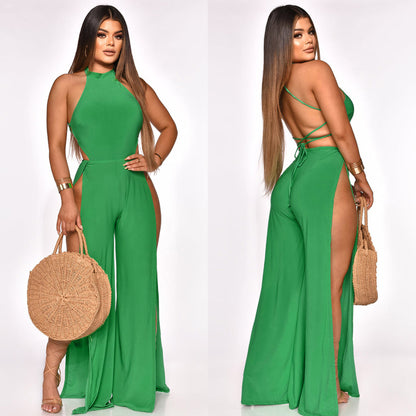 Lace-Up Back Split-Leg Jumpsuit