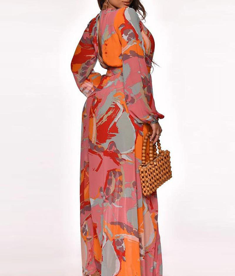 Elegant Printed Long-Sleeve Maxi Dress