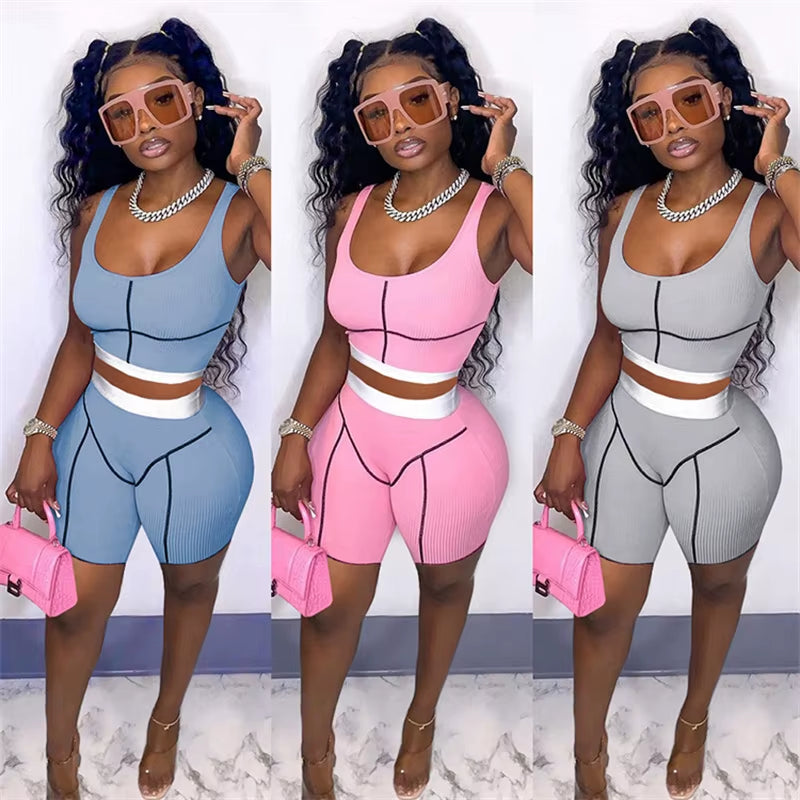 Knitted Ribbed Striped 2 Piece Sets Summer Outfits for Women 2023 Crop Top and Shorts Casual Matching Sets Sportwear Sweatsuits