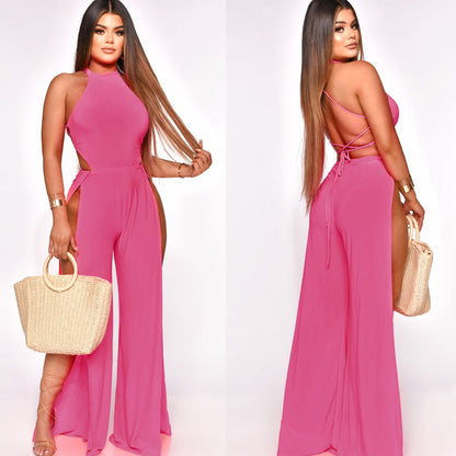 Lace-Up Back Split-Leg Jumpsuit