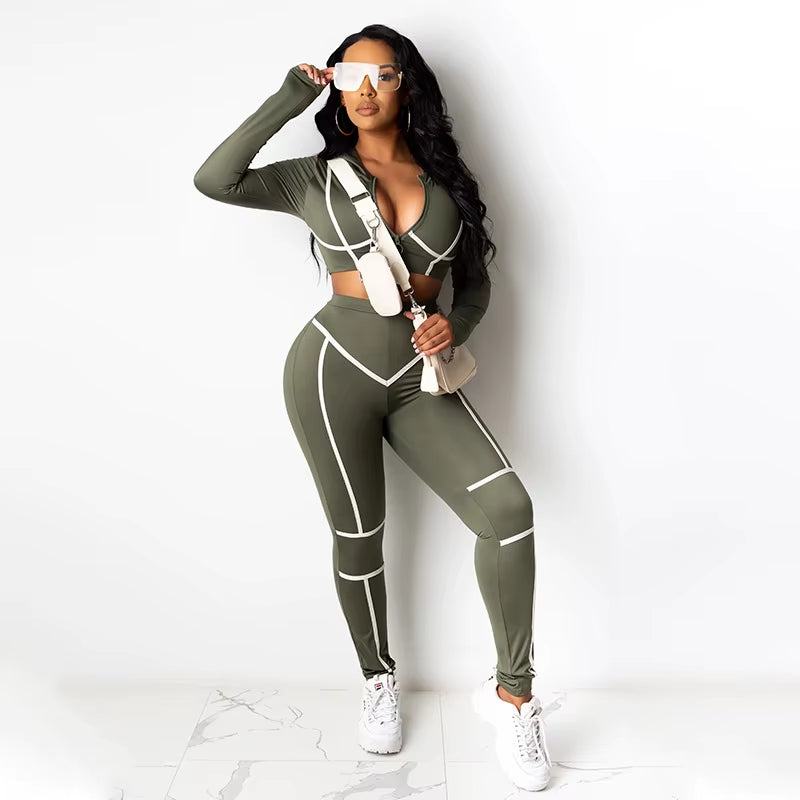 2024 Spring New Fashion Women'S round Neck Zipper Tight Sexy Line Long-Sleeved Sports Two Suits 2 Piece Sets Womens Outfits