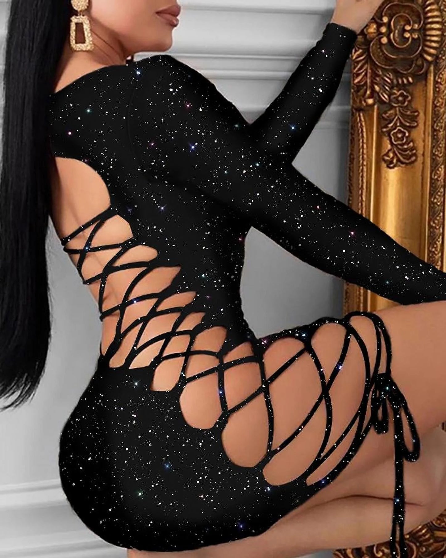 Spring Hollow Out Shiny Flash Party Dress Women Sexy Side Tie-Up Bandage Bodycon Dress Streetwear Chic Long Sleeve Mini Dresses