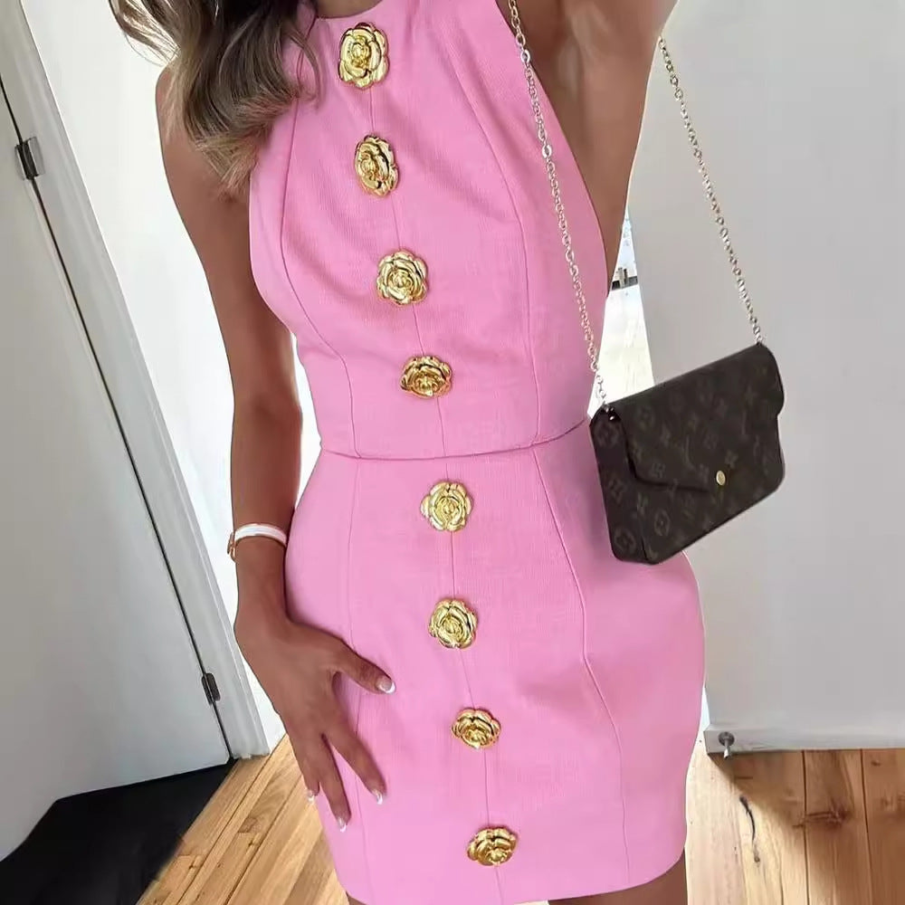 Rose Button Backless Dress